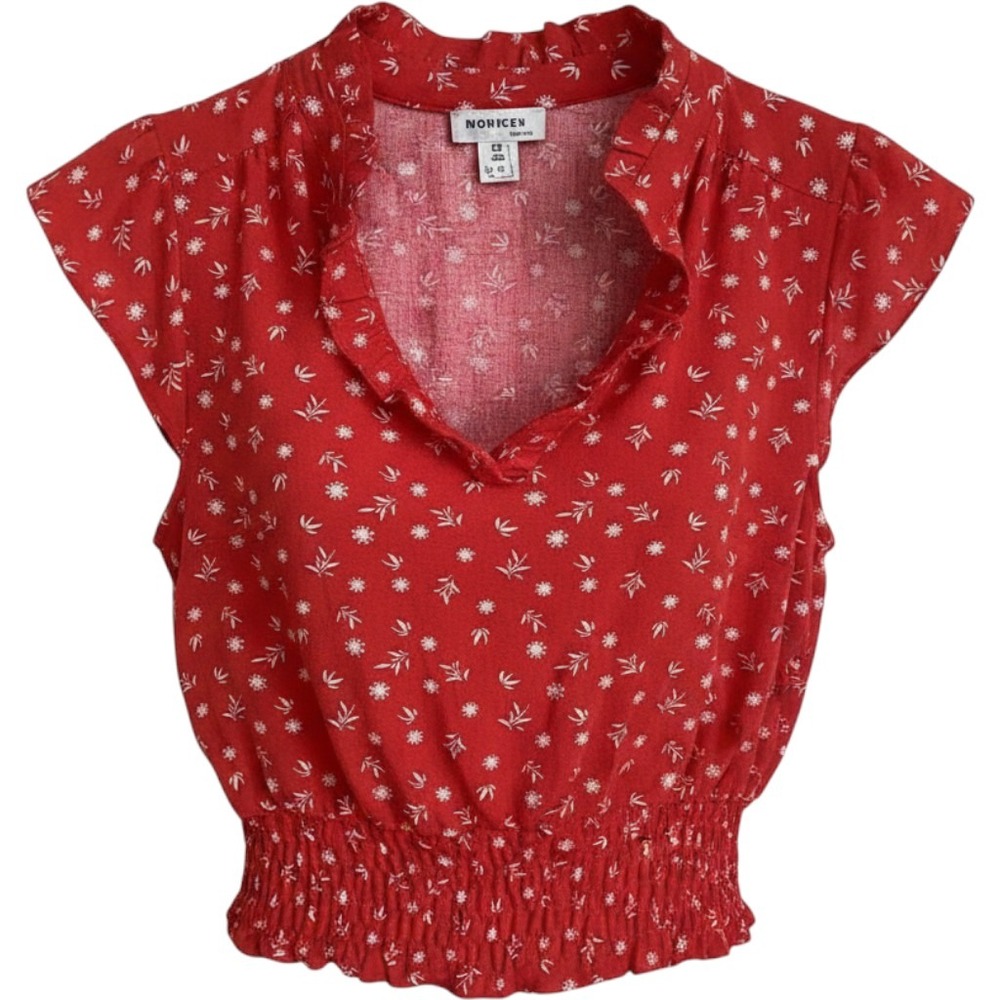 Monteauβ Los Angeles Red Floral Ruffle V-Neck Smocked Hem Blouse Small